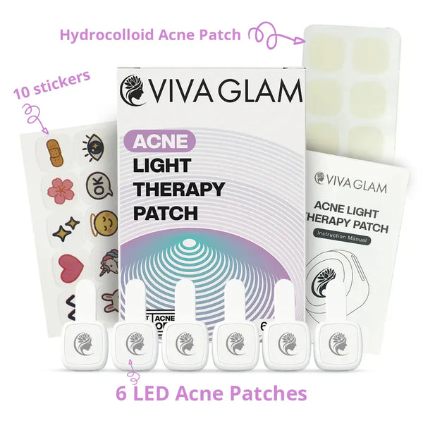 VIVA GLAM acne light therapy patch set with packaging and patches on a white background