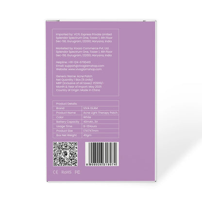 Back of a Viva Glam Acne Light Therapy patch with product details and branding on a white background