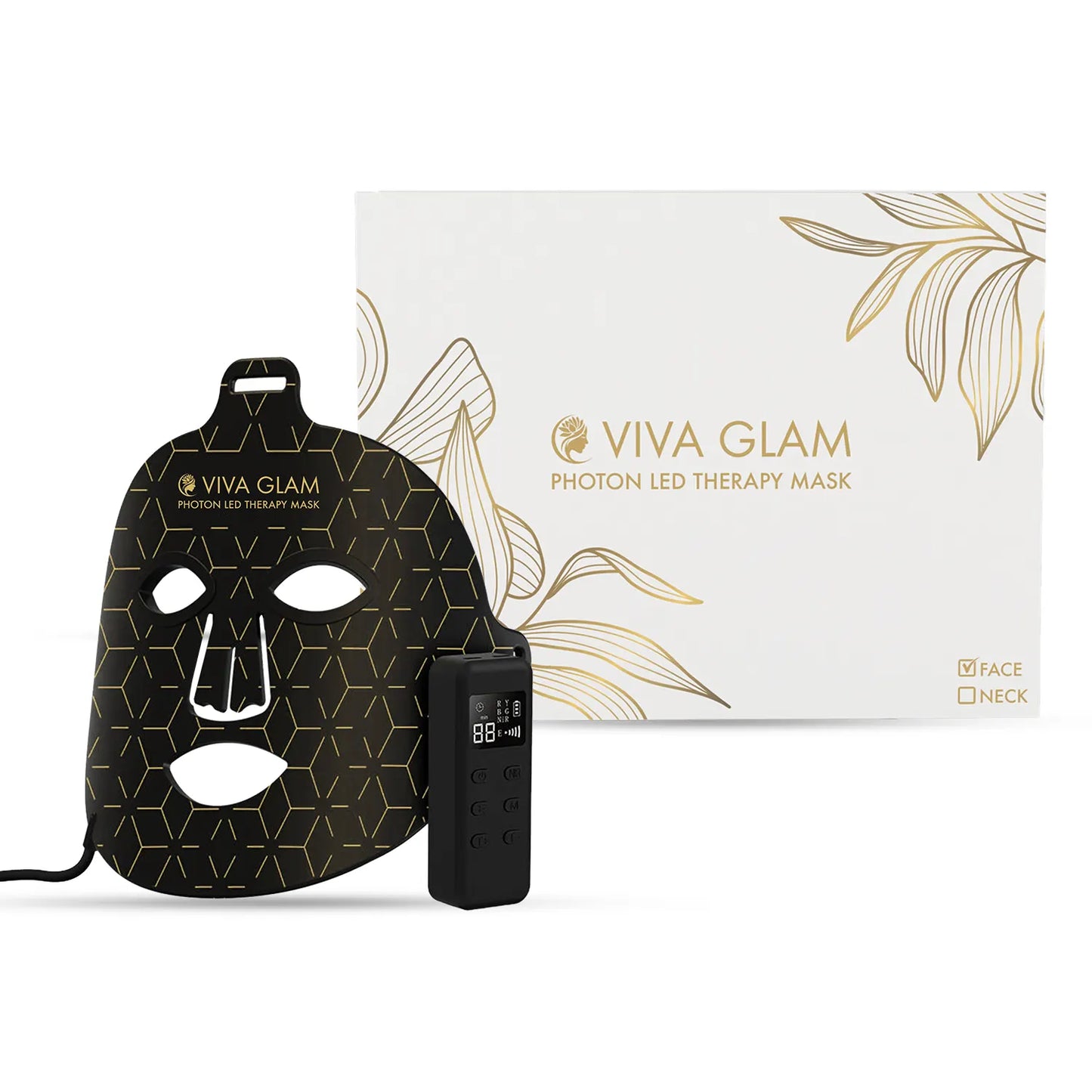 Viva Glam photon LED Face Therapy Mask with packaging on a white background