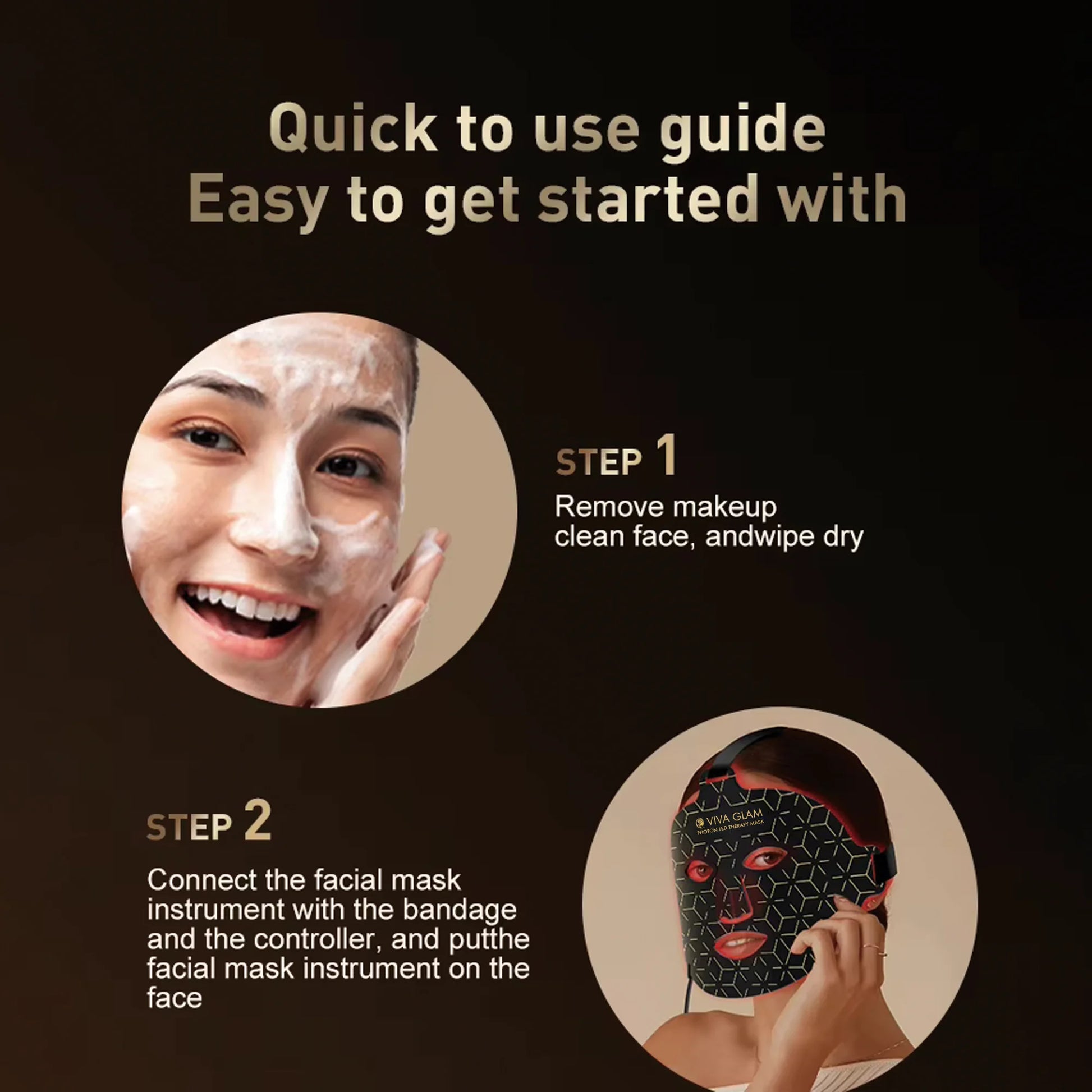 Viva Glam photon LED Face Therapy Mask  usage guide with step-by-step instructions on a dark background