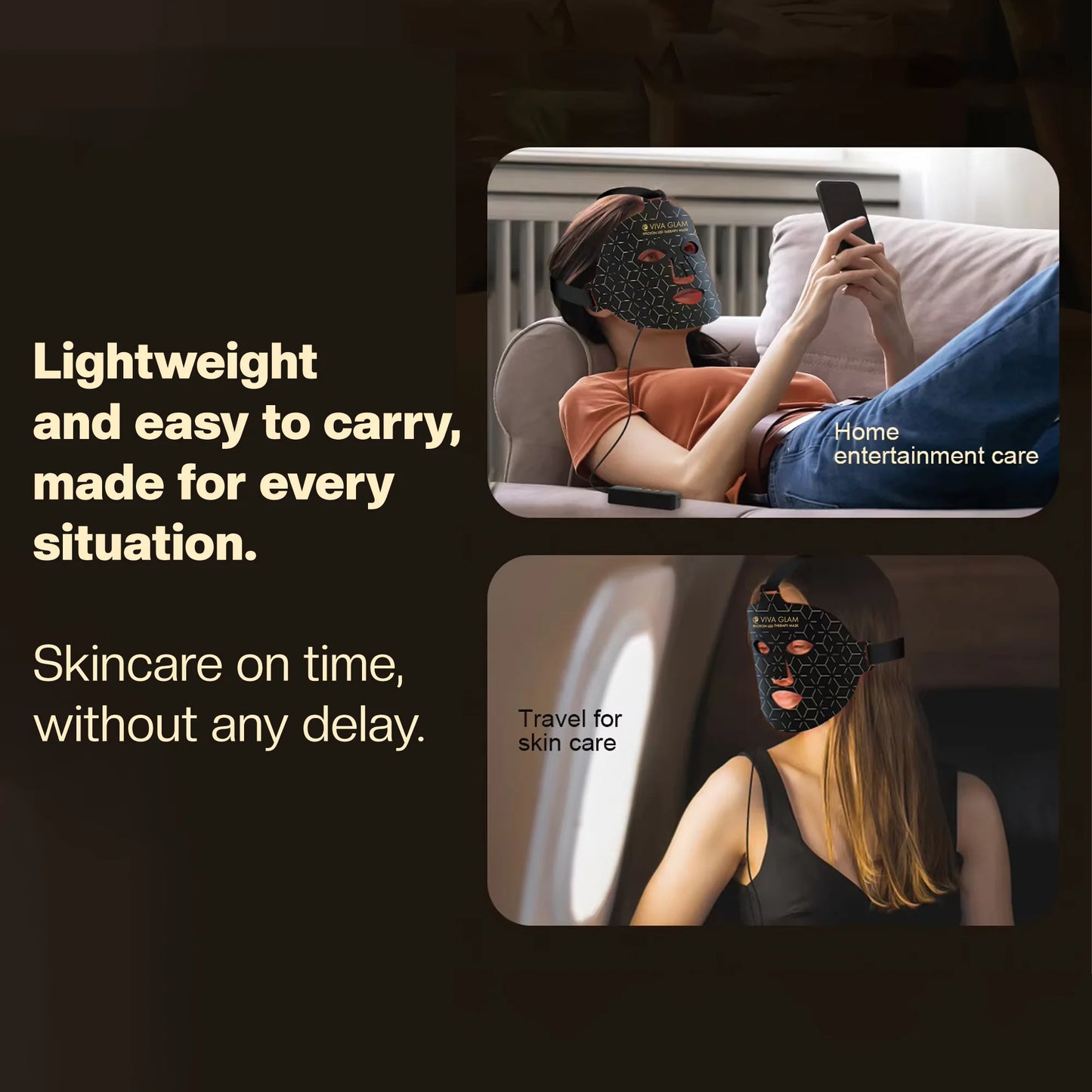 Person using Viva Glam photon LED Face Therapy Mask with text about its portability and convenience.