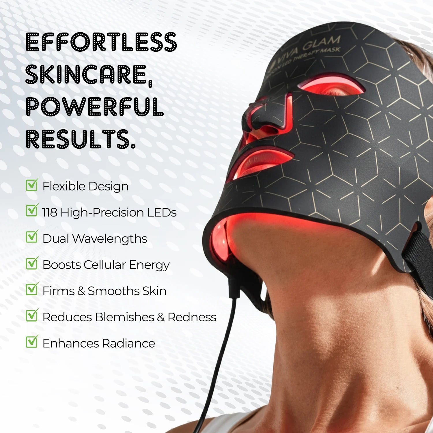 Viva Glam photon LED Face Therapy Mask  with glowing red lights on a person's face, featuring text about its benefits.