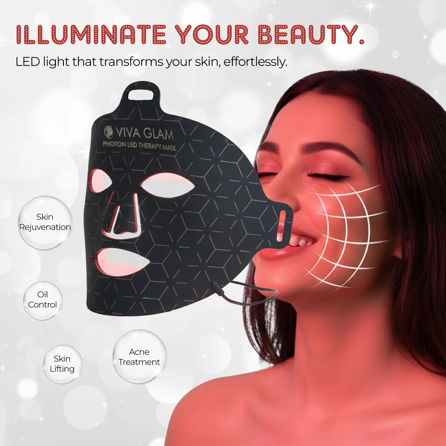 Viva Glam photon LED Face Therapy Mask  with a woman using it, on a white background.