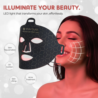 Viva Glam photon LED Face Therapy Mask  with a woman using it, on a white background.