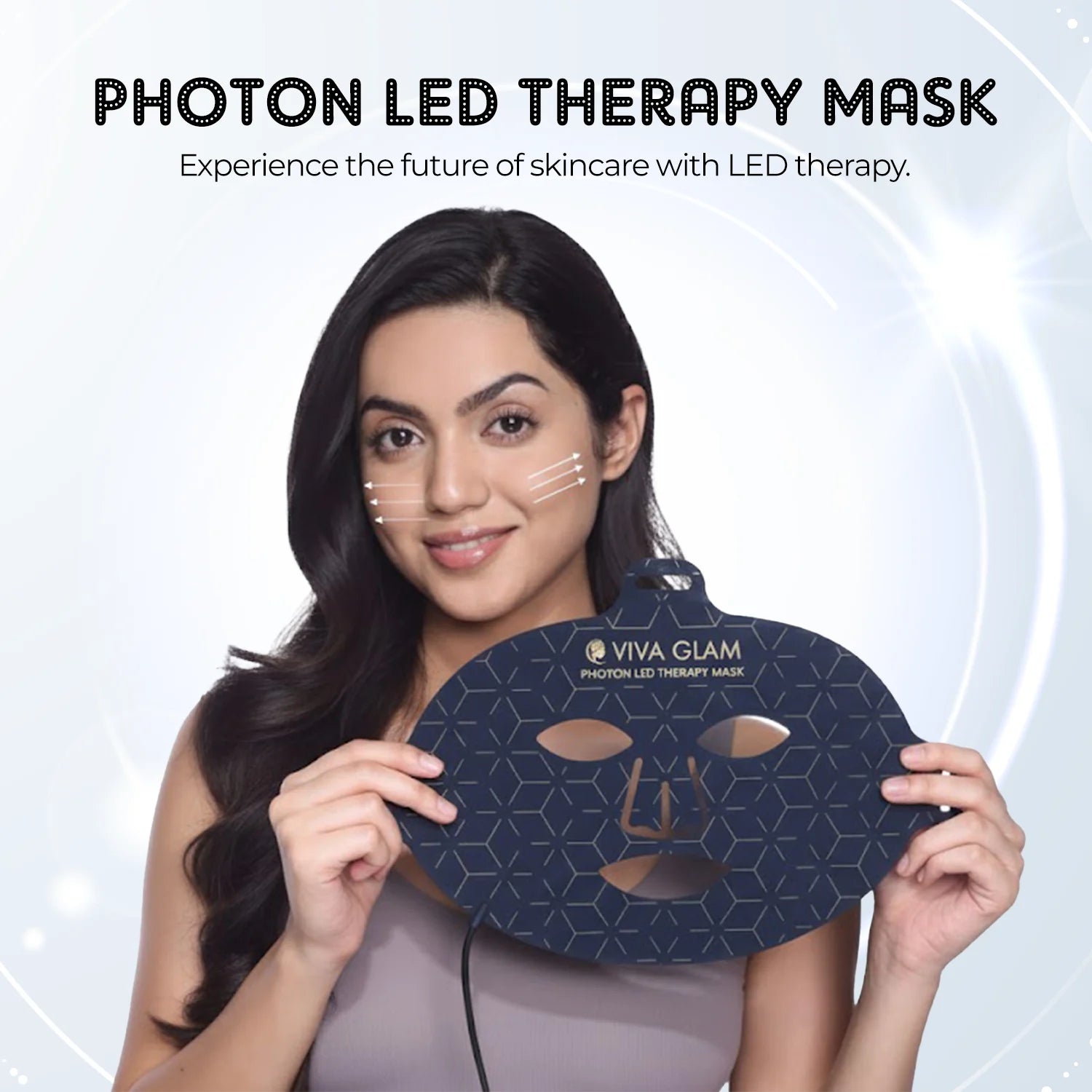 Woman holding Viva Glam photon LED Face Therapy Mask with text about LED therapy.