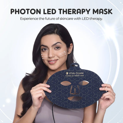 Woman holding Viva Glam photon LED Face Therapy Mask with text about LED therapy.
