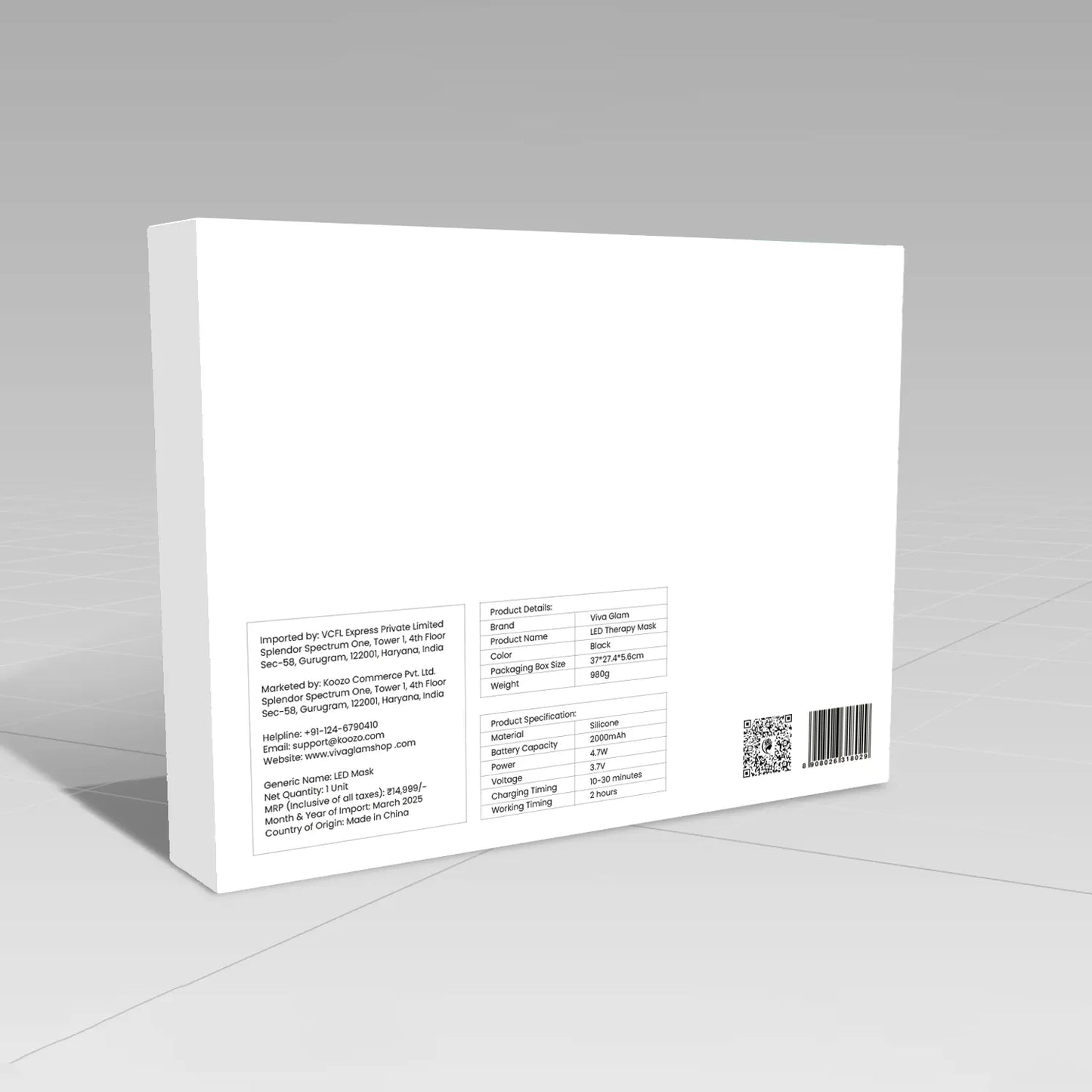 Backside of Viva Glam photon LED Face Therapy Mask packaging box with text and barcode on a grey background