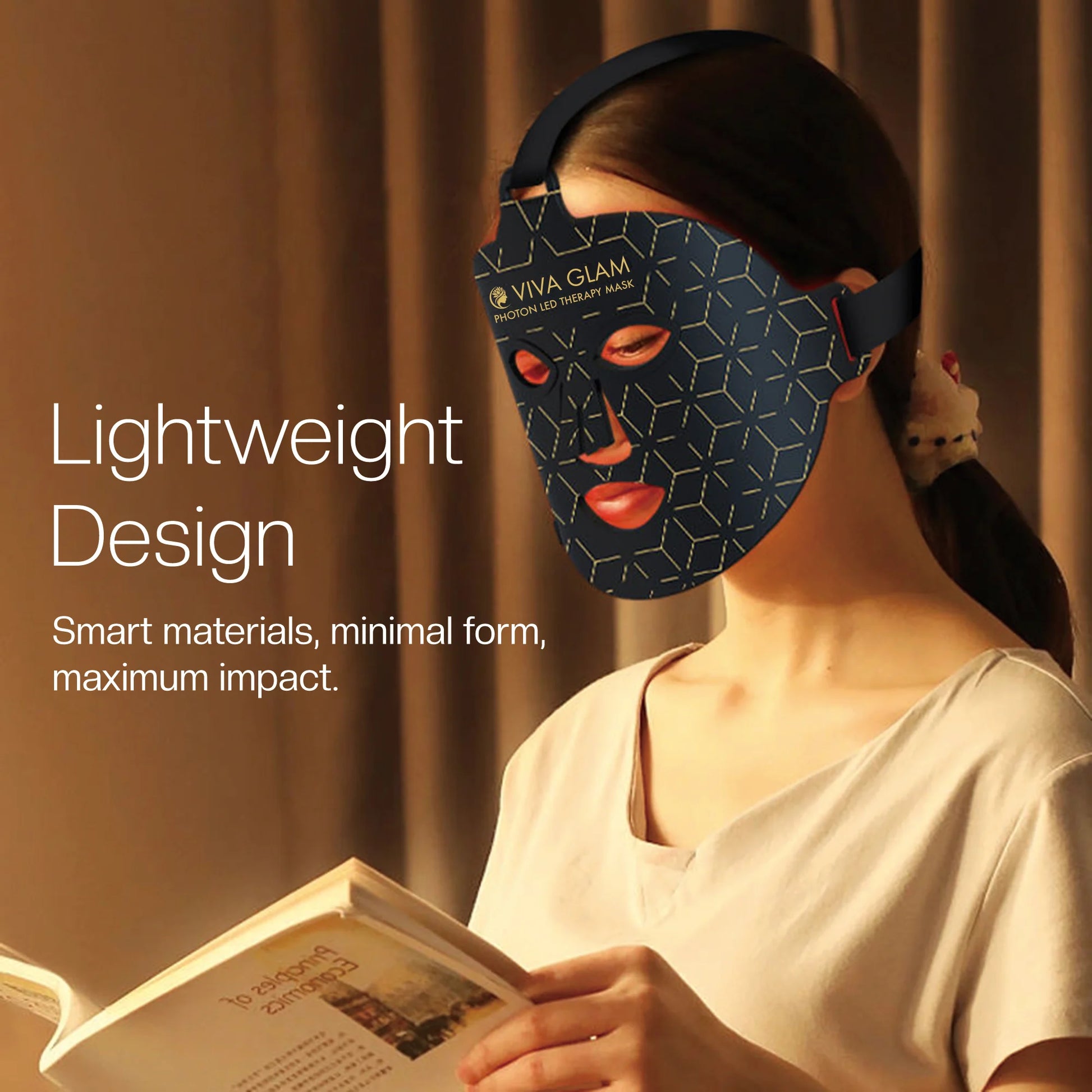 Woman wearing Viva Glam photon LED Face Therapy Mask with text highlighting its lightweight design.
