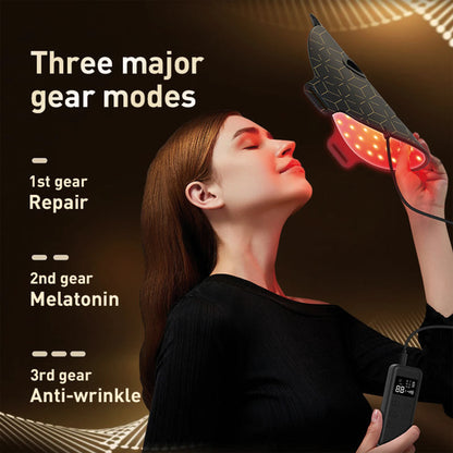 Woman using Viva Glam photon LED Face Therapy Mask on her face with text indicating three gear modes for repair, melatonin, and anti-wrinkle.