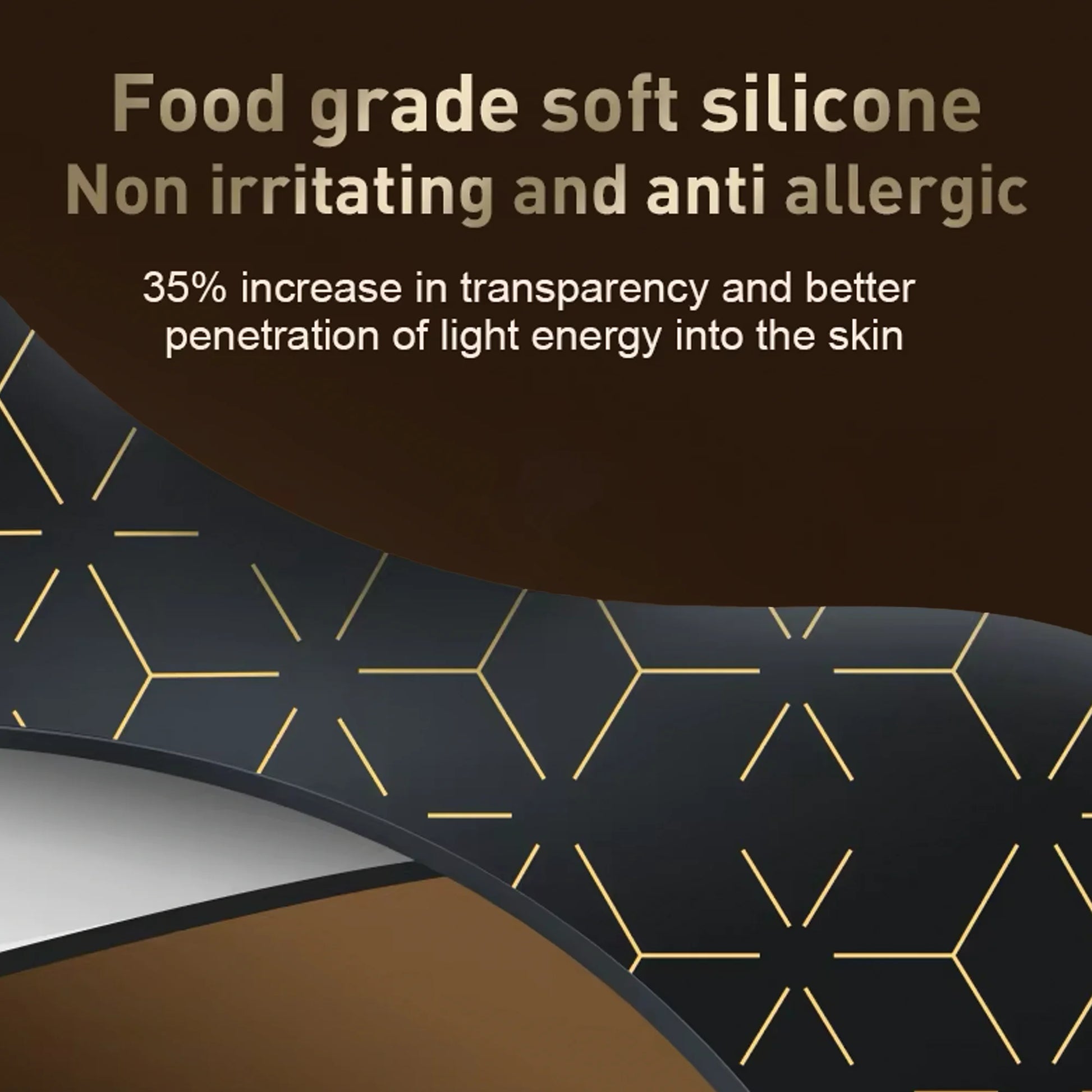 Advertisement for food grade soft silicone face mask with text on a dark background
