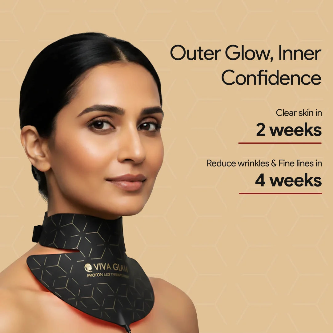 Woman wearing a Viva Glam photon LED Neck Therapy Mask with text on a beige background