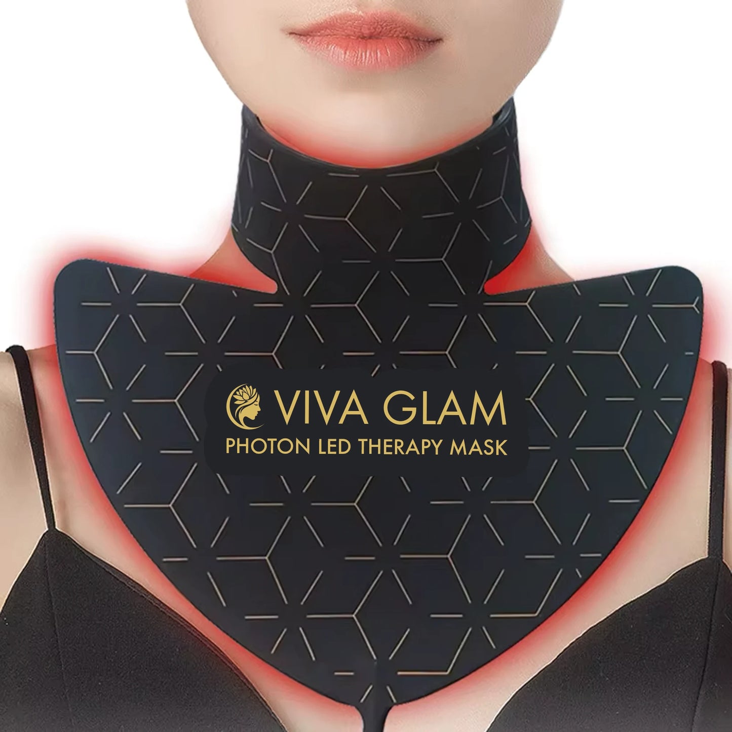 Viva Glam photon LED Neck Therapy Mask on a person's neck with visible branding.