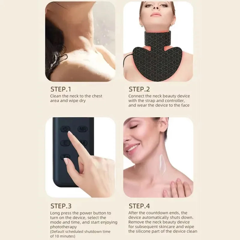 Instructions for using Viva Glam photon LED Neck Therapy Mask with steps and images.