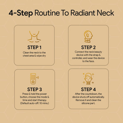 4-step routine diagram for radiant neck using Viva Glam photon LED Neck Therapy Mask on a beige background
