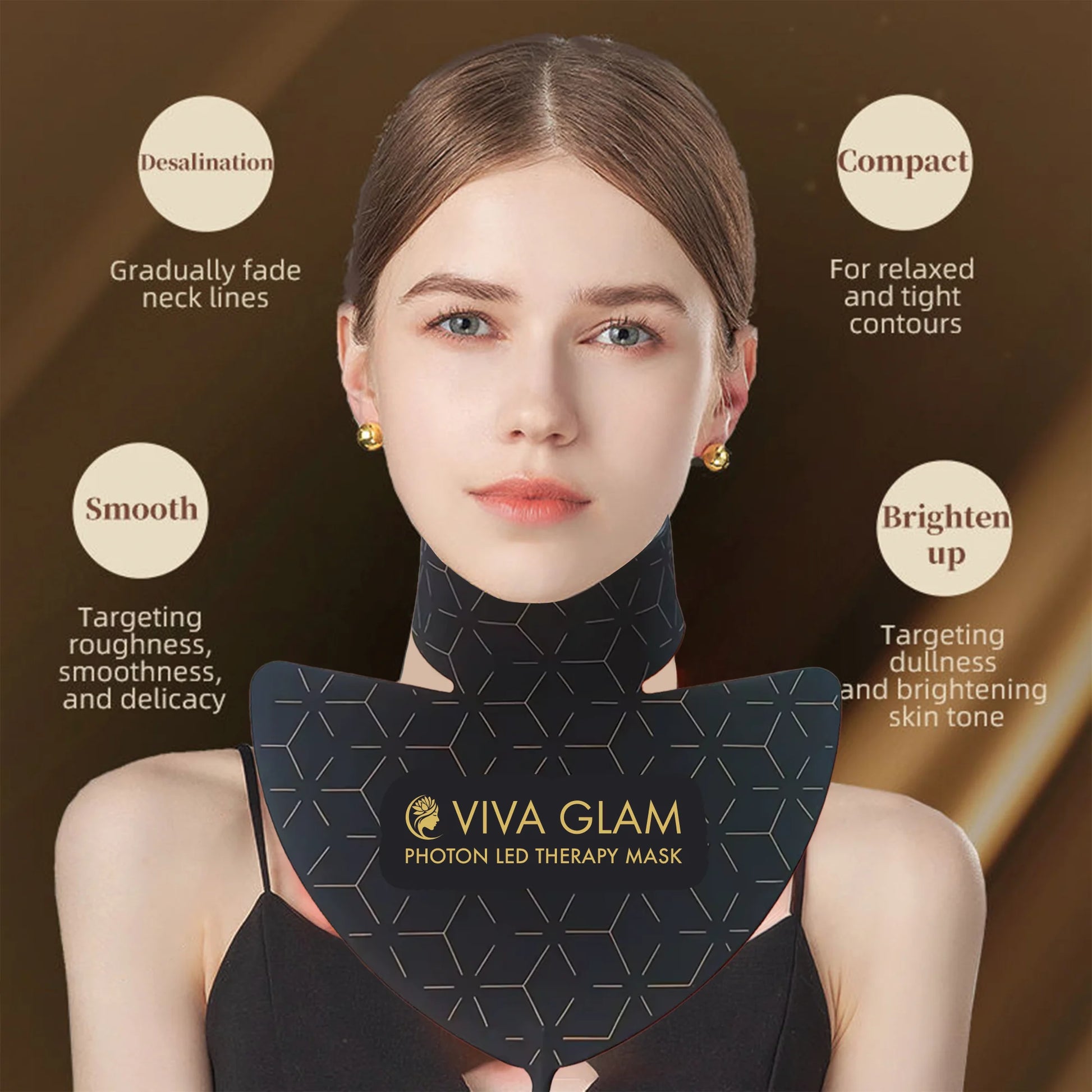 Woman wearing a Viva Glam photon LED Neck Therapy Mask with features listed on a brown background