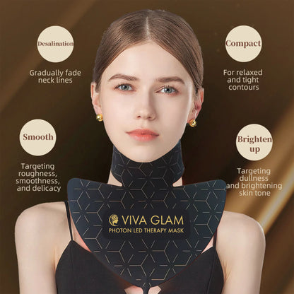 Woman wearing a Viva Glam photon LED Neck Therapy Mask with features listed on a brown background
